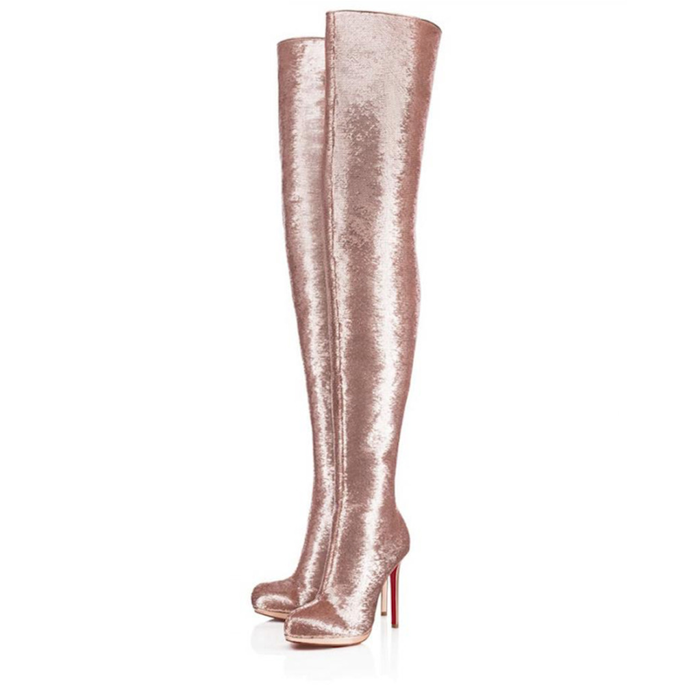 Christian Louboutin Moulin Noir 120 Nude Pink Sequin Thigh High Heel Boot 36